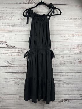KOPAL Dress Women's Size XS Black Heera Midi Tie Strap Swing Boho Cotton Pockets